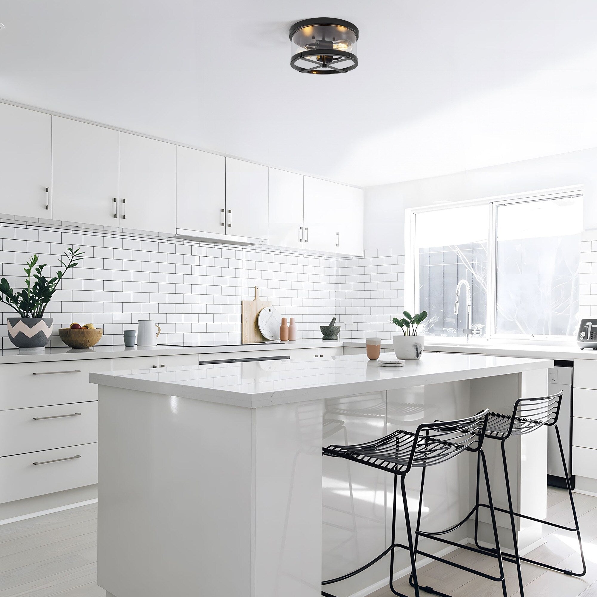 2-Light Flush Mount Clear Glass Ceiling Light with Metal Frame