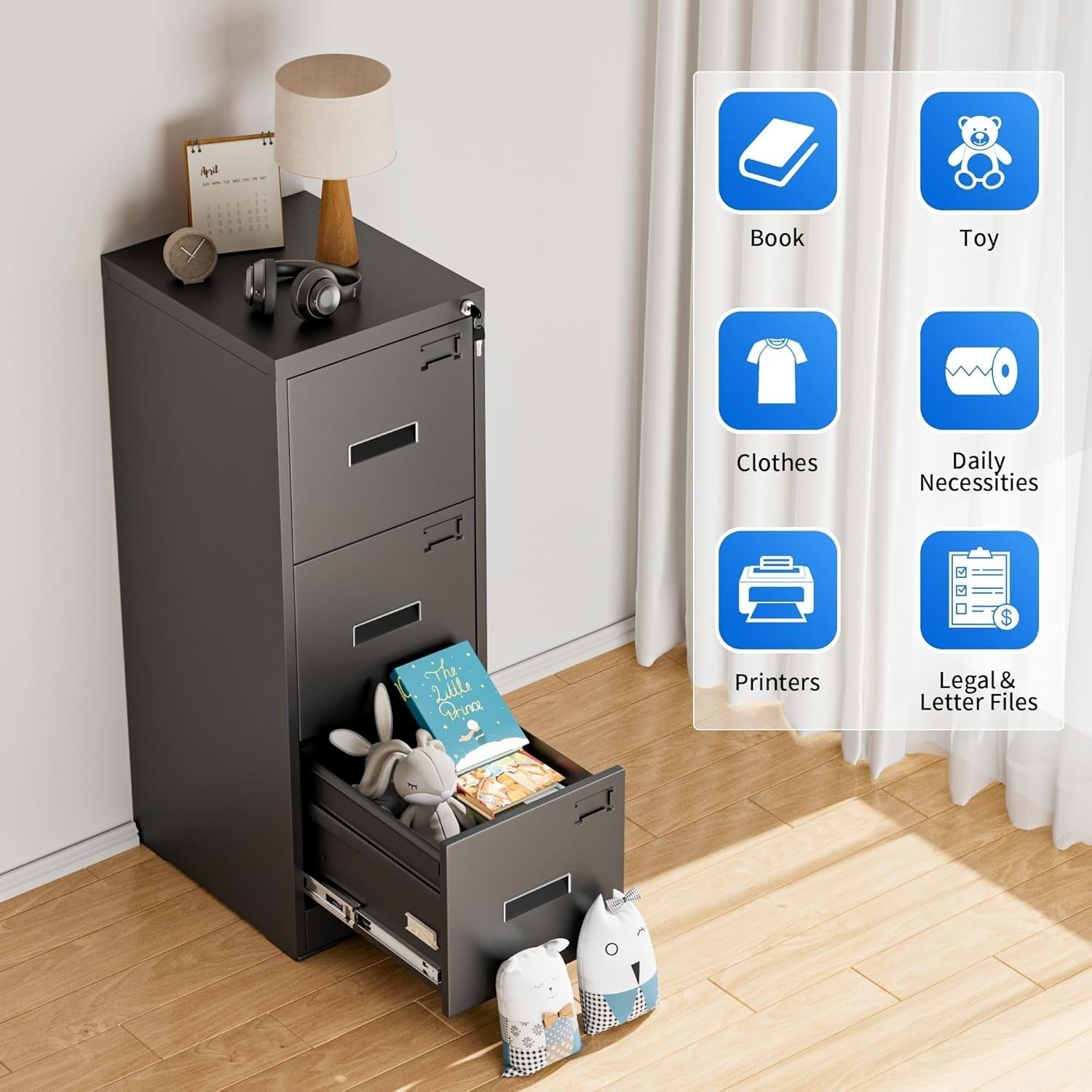 3 Drawer Metal Locking File Cabinet for Home Office, Rolling Cabinet Fully Assembled