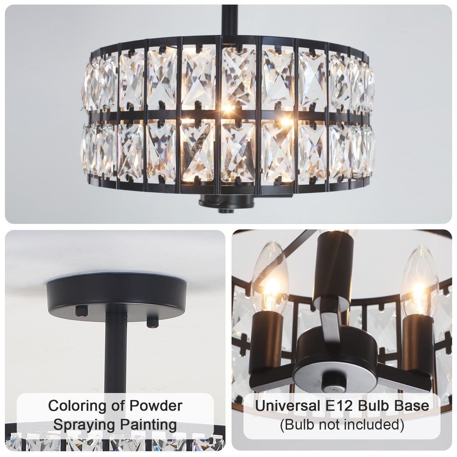3-Light Crystal Semi Flush Mount Lights for Living Room Hallway