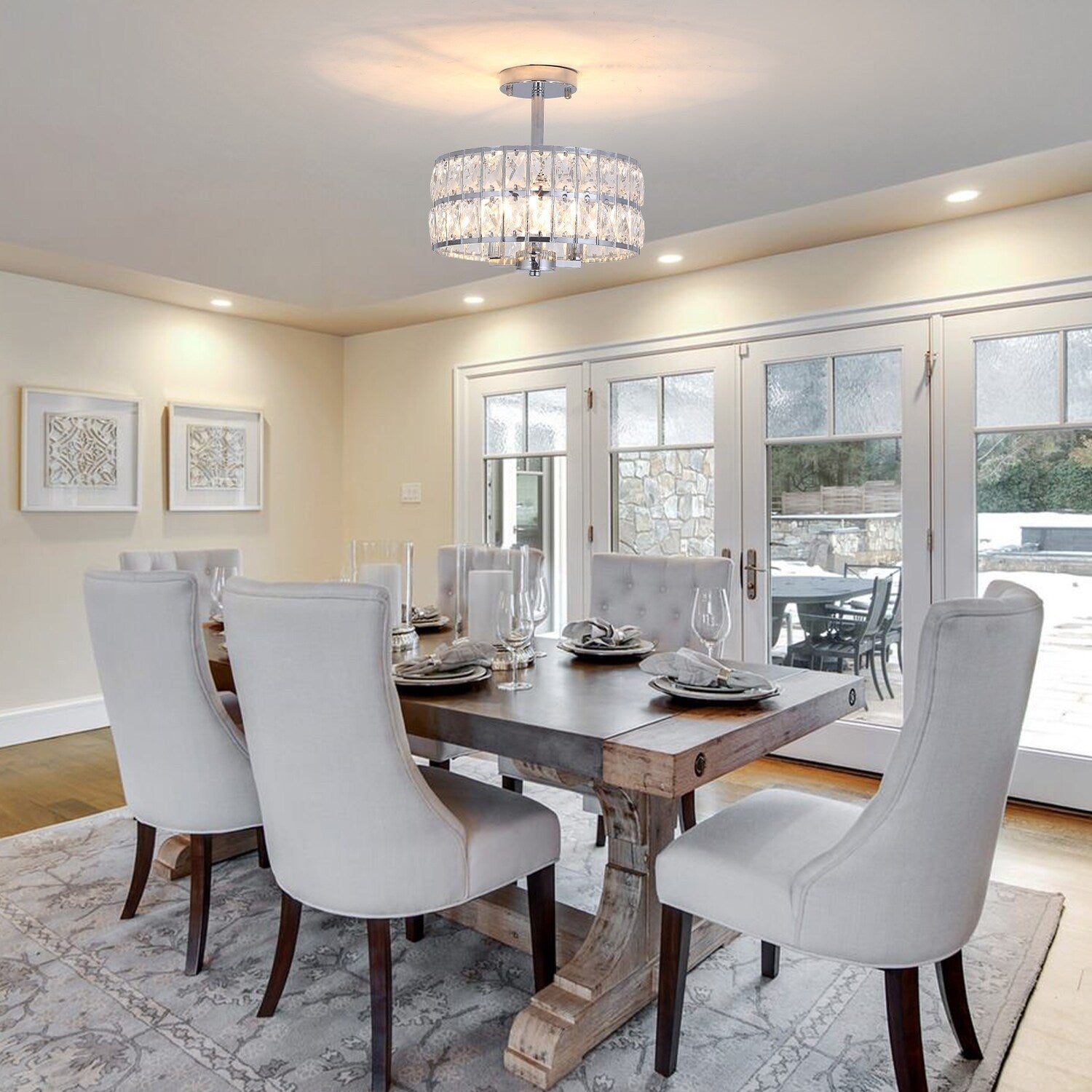 3-Light Crystal Semi Flush Mount Lights for Living Room Hallway