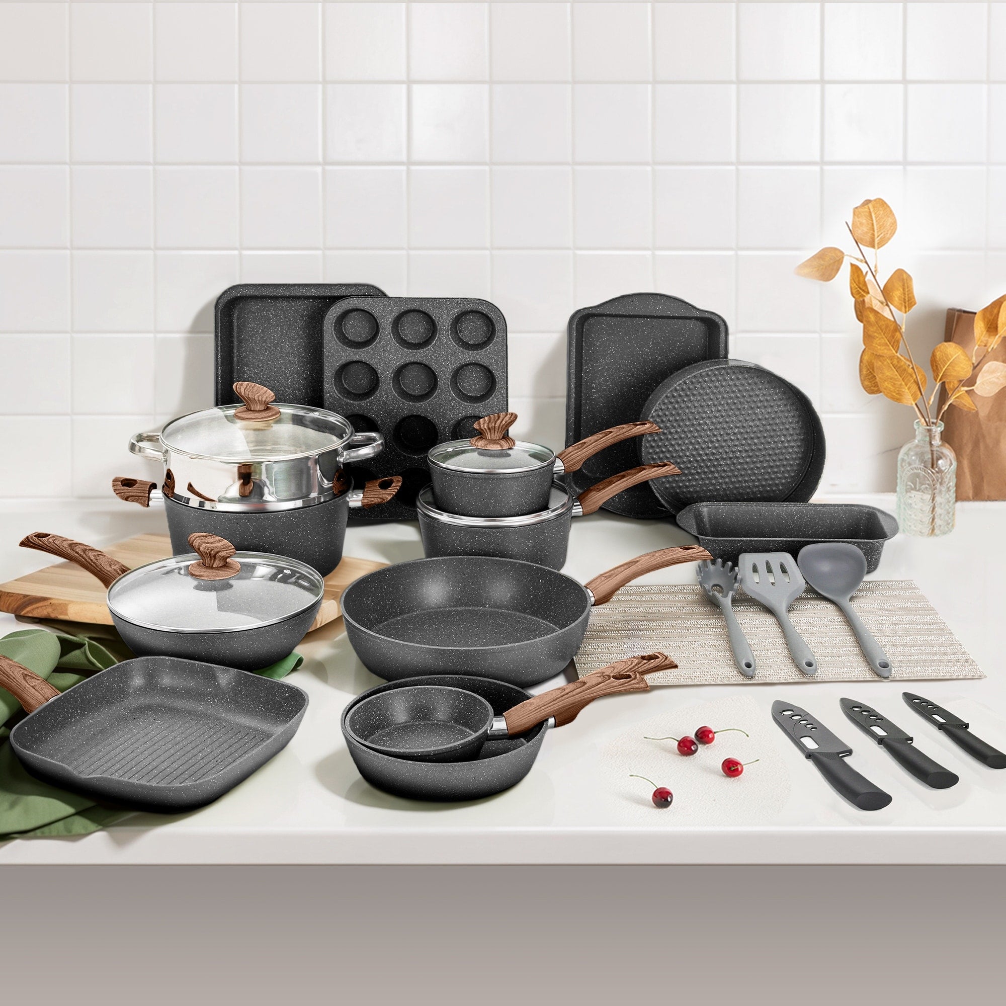 30-Piece Kitchen Granite Cookware and Bakeware Set, Cooking Pans Set Non-Stick Pots and Pans Set