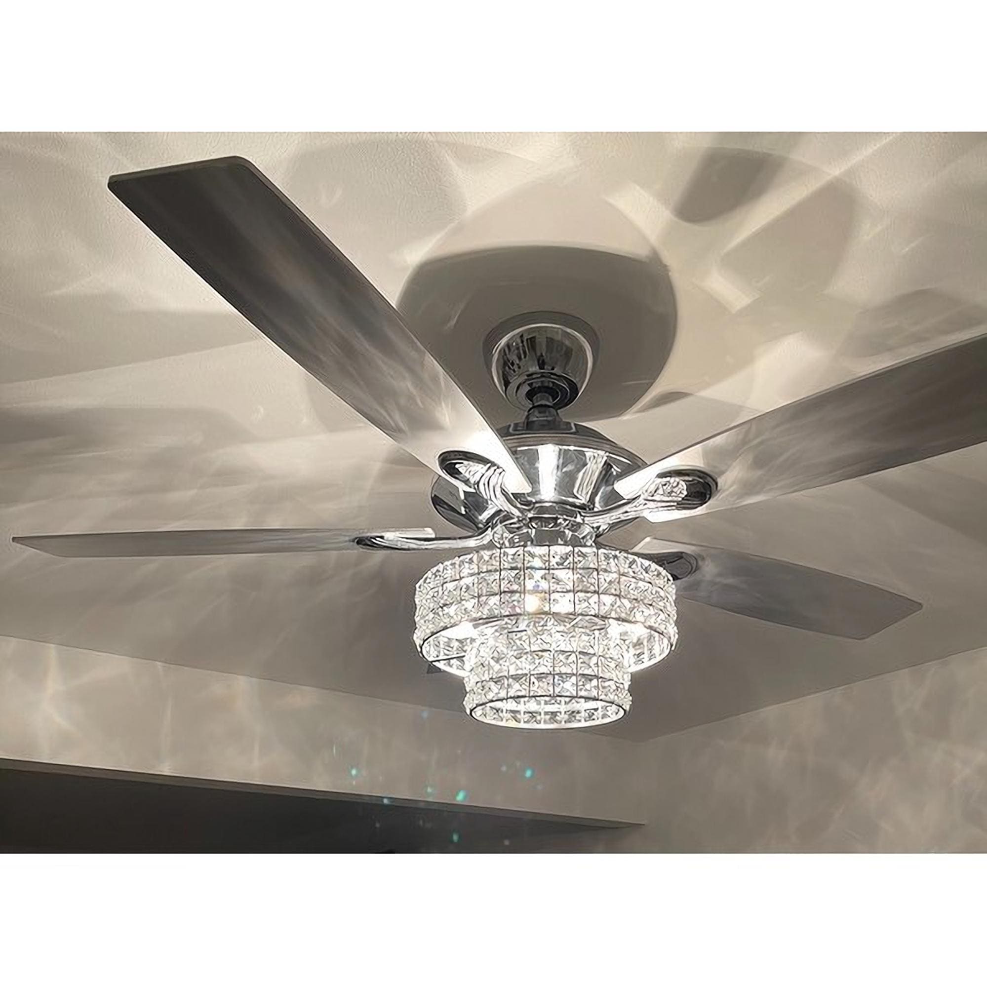 52-inch Chrome Wooden 5-blade Modern Crystal Ceiling Fan with Remote