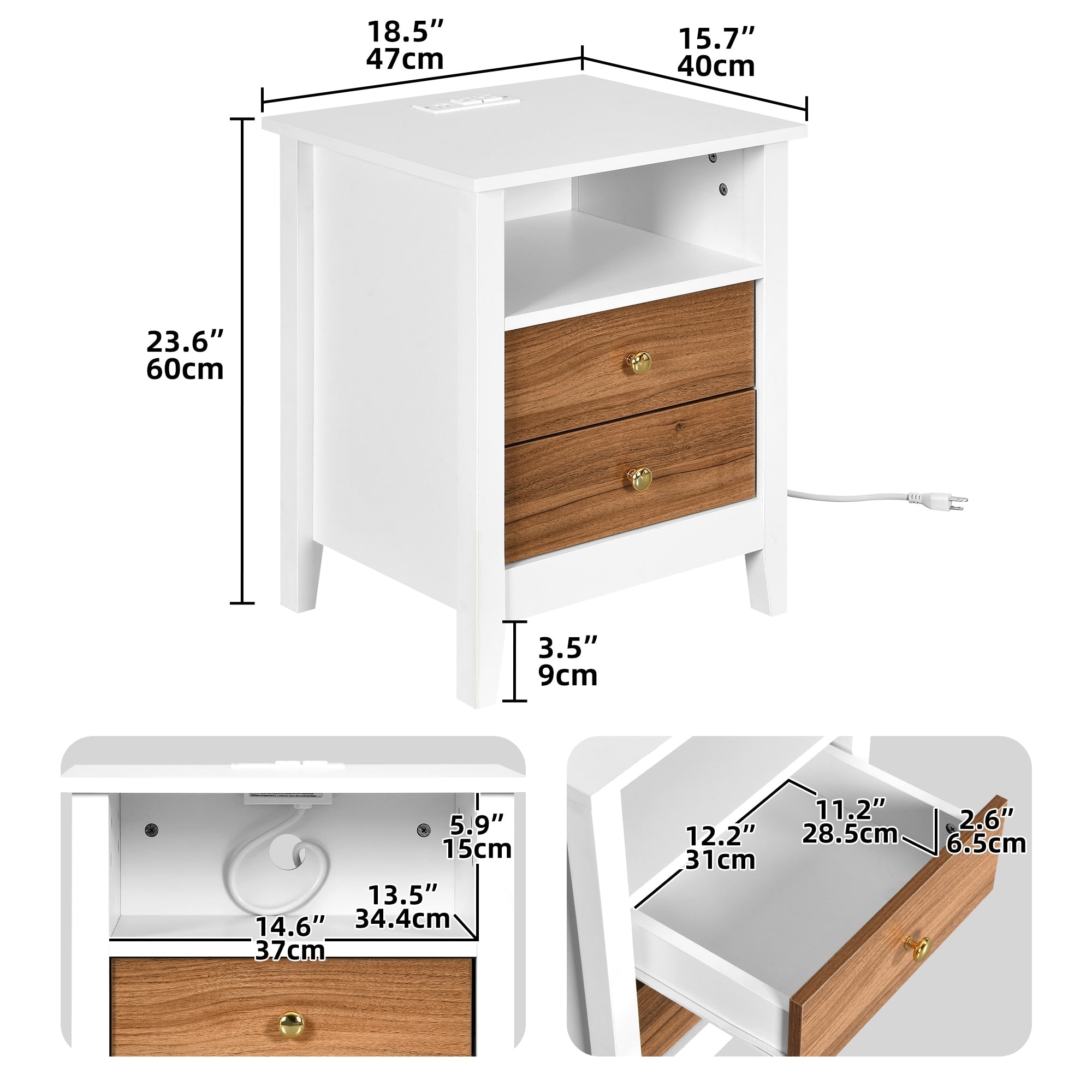 Nightstand Set of 2 with Charging Station End Side Table with 2 Drawers with USB Ports and Outlets Bedside Bed