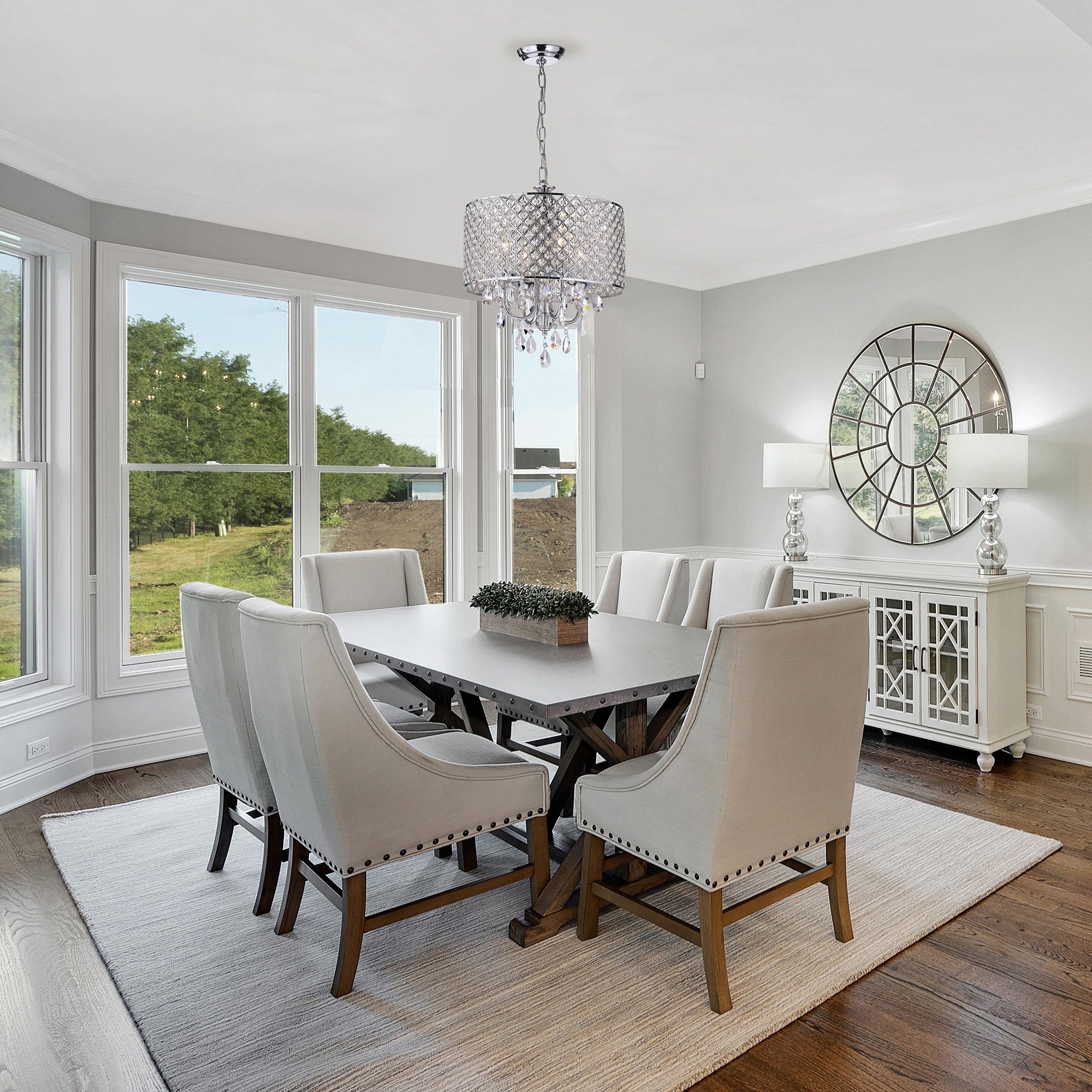 Round Beaded Drum Chandelier with Hanging Crystals