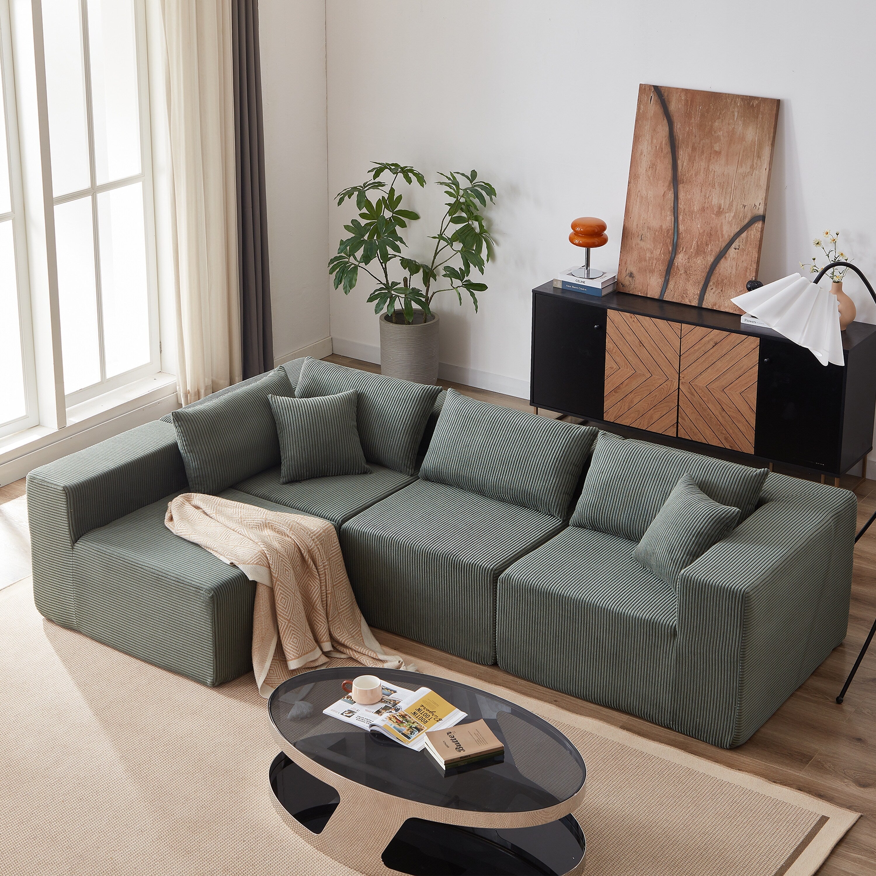 104-Inch Corduroy Modular L Shaped Sectional Sofa,Floor Couch Set,Foam-Filled Compressed Sofa,4 PC Free Combination