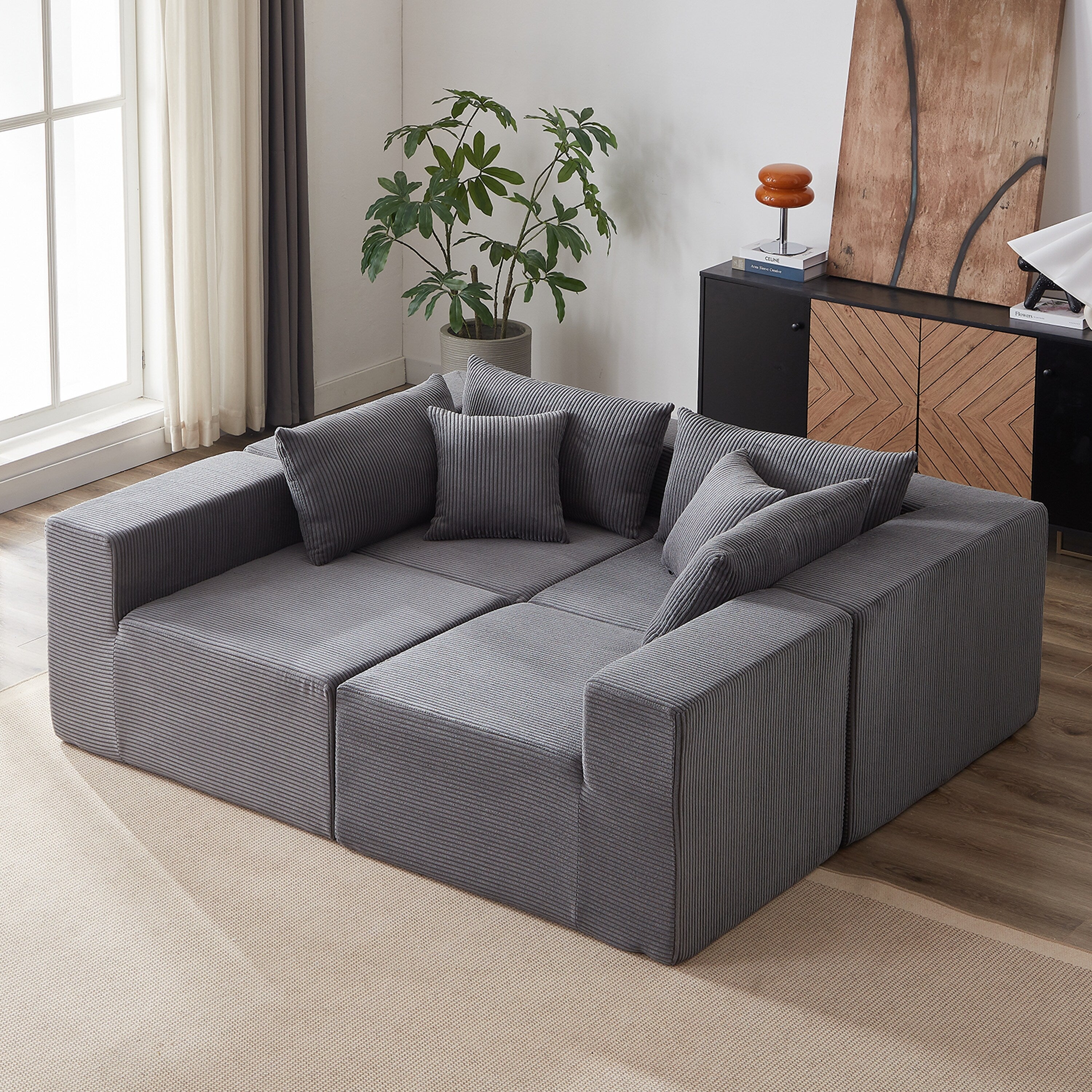 104-Inch Corduroy Modular L Shaped Sectional Sofa,Floor Couch Set,Foam-Filled Compressed Sofa,4 PC Free Combination