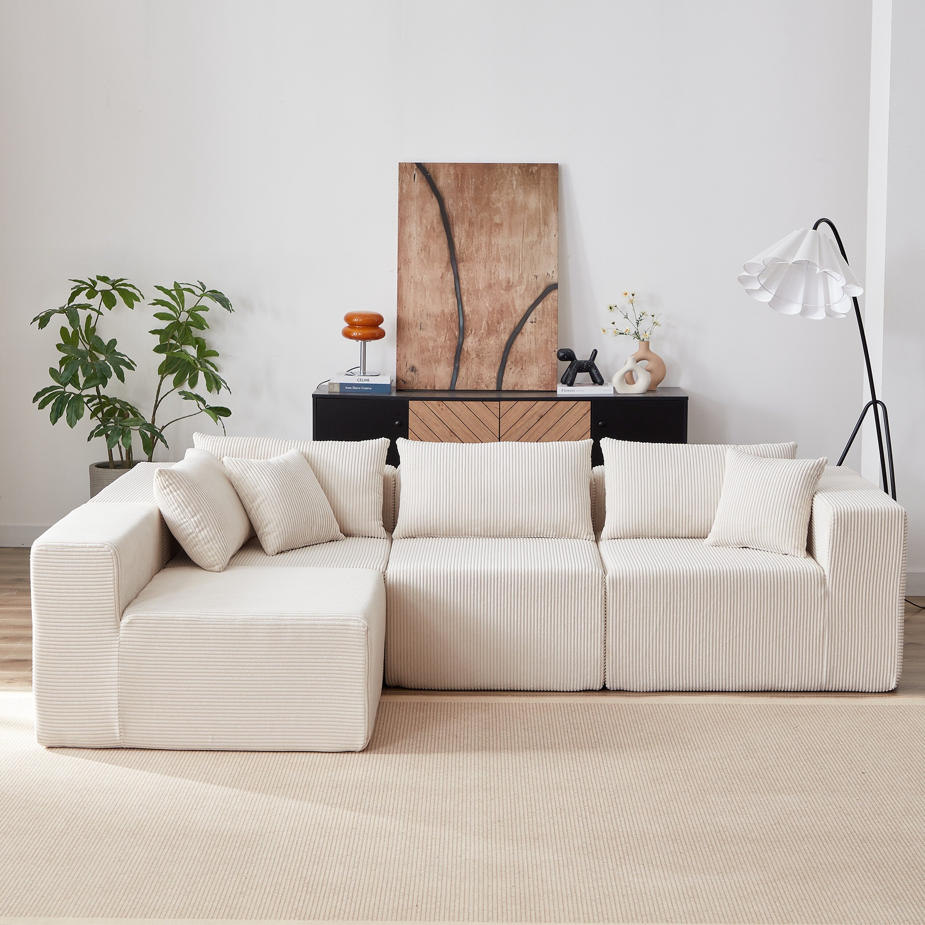 104-Inch Corduroy Modular L Shaped Sectional Sofa,Floor Couch Set,Foam-Filled Compressed Sofa,4 PC Free Combination