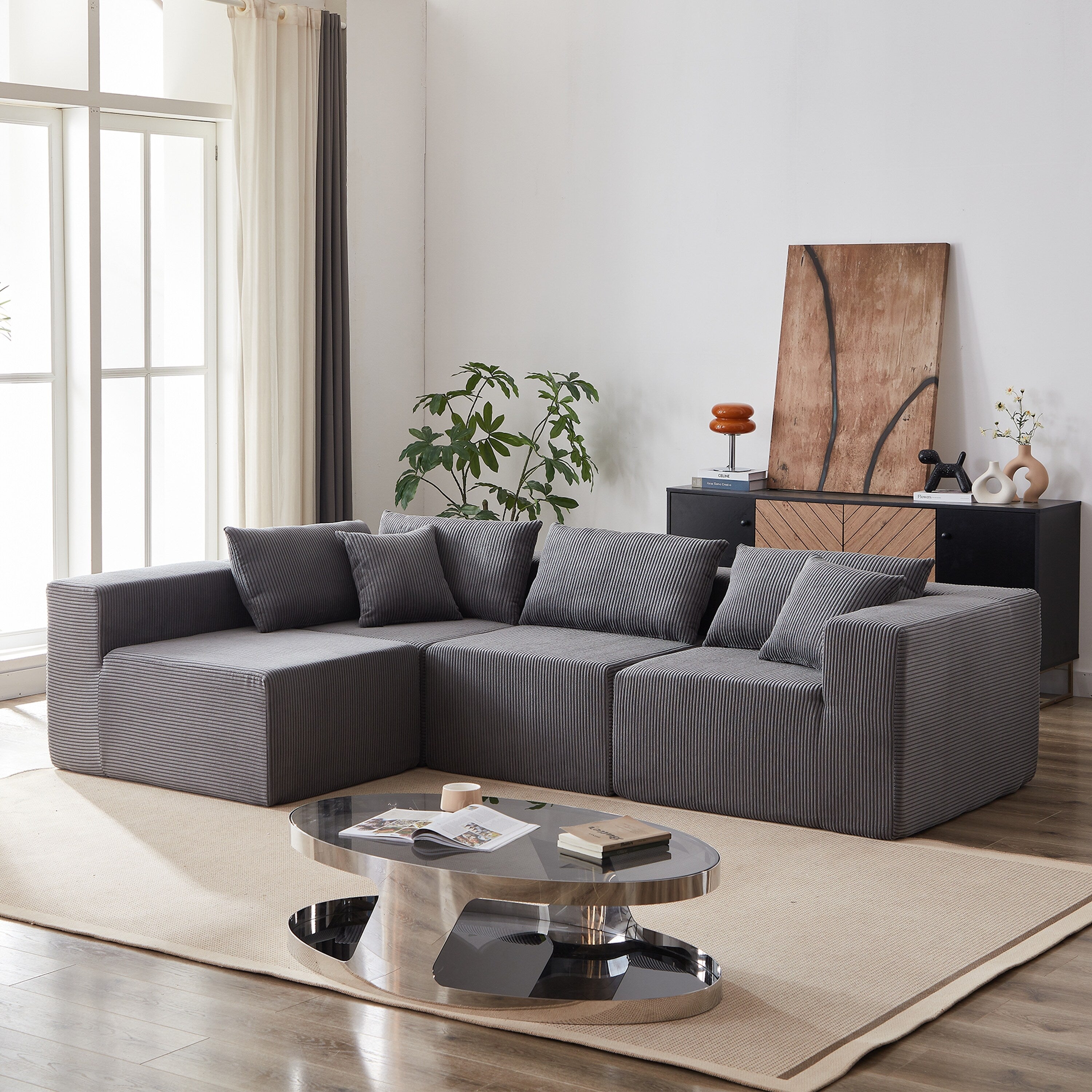 104-Inch Corduroy Modular L Shaped Sectional Sofa,Floor Couch Set,Foam-Filled Compressed Sofa,4 PC Free Combination