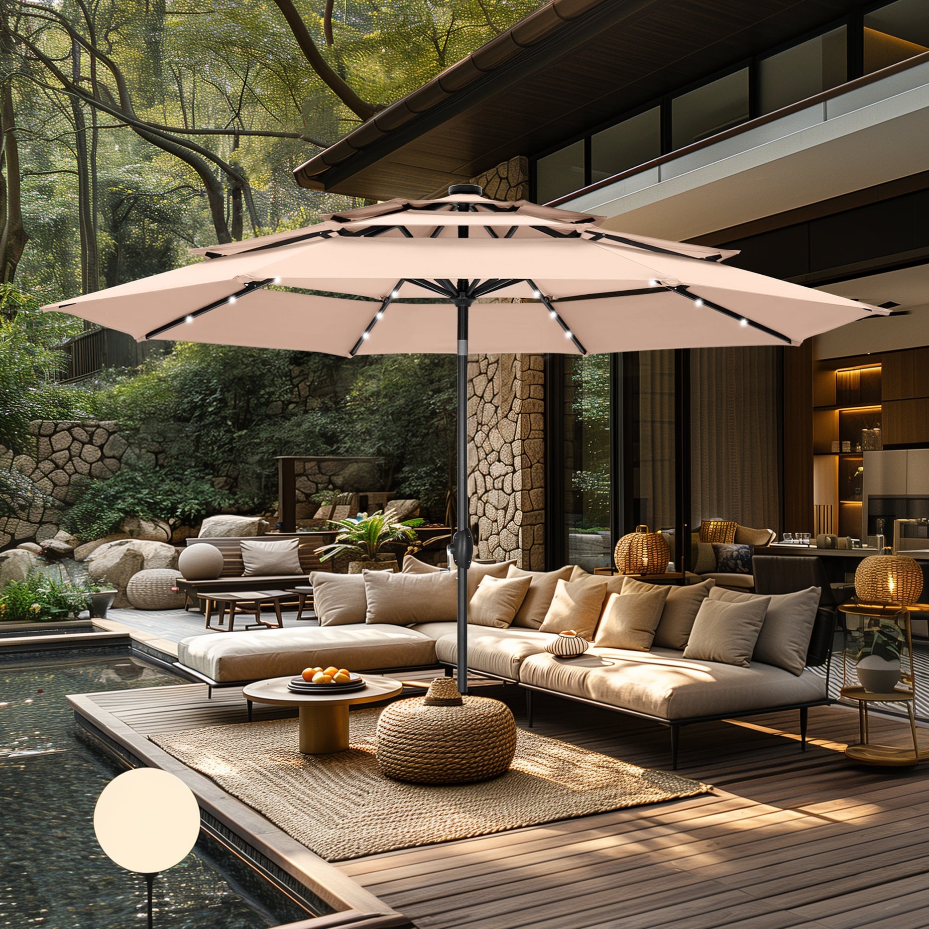 MAISON ARTS 10ft 3 Tier Auto-tilt Patio Umbrella Outdoor Double Vented Umbrella with LED Lights