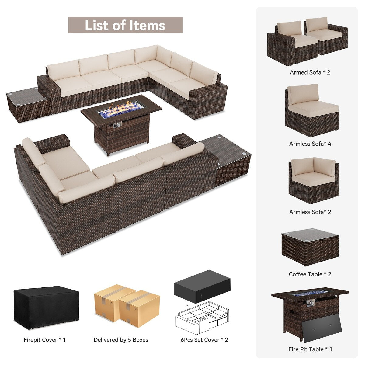 13 Pieces Patio Furniture Set with 44Fire Pit Table