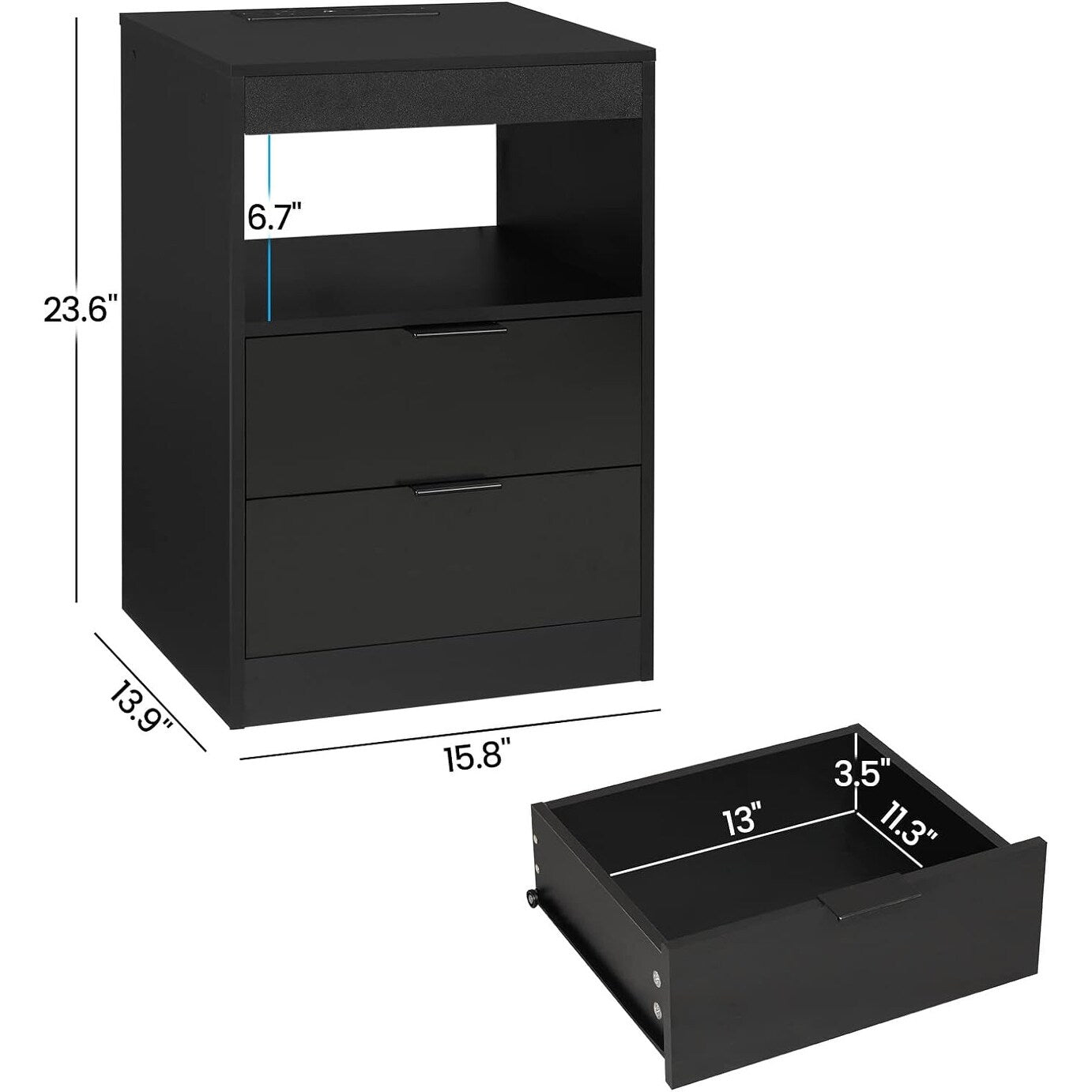 2 Drawers LED Nightstand Wireless Charging Station Pull-Out Shelf