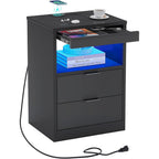 2 Drawers LED Nightstand Wireless Charging Station Pull-Out Shelf
