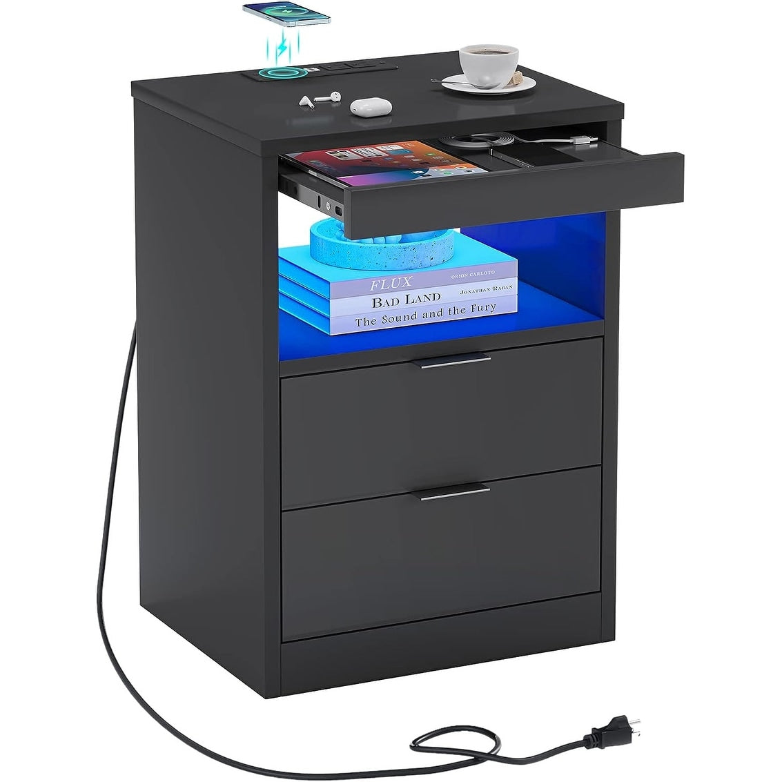 2 Drawers LED Nightstand Wireless Charging Station Pull-Out Shelf