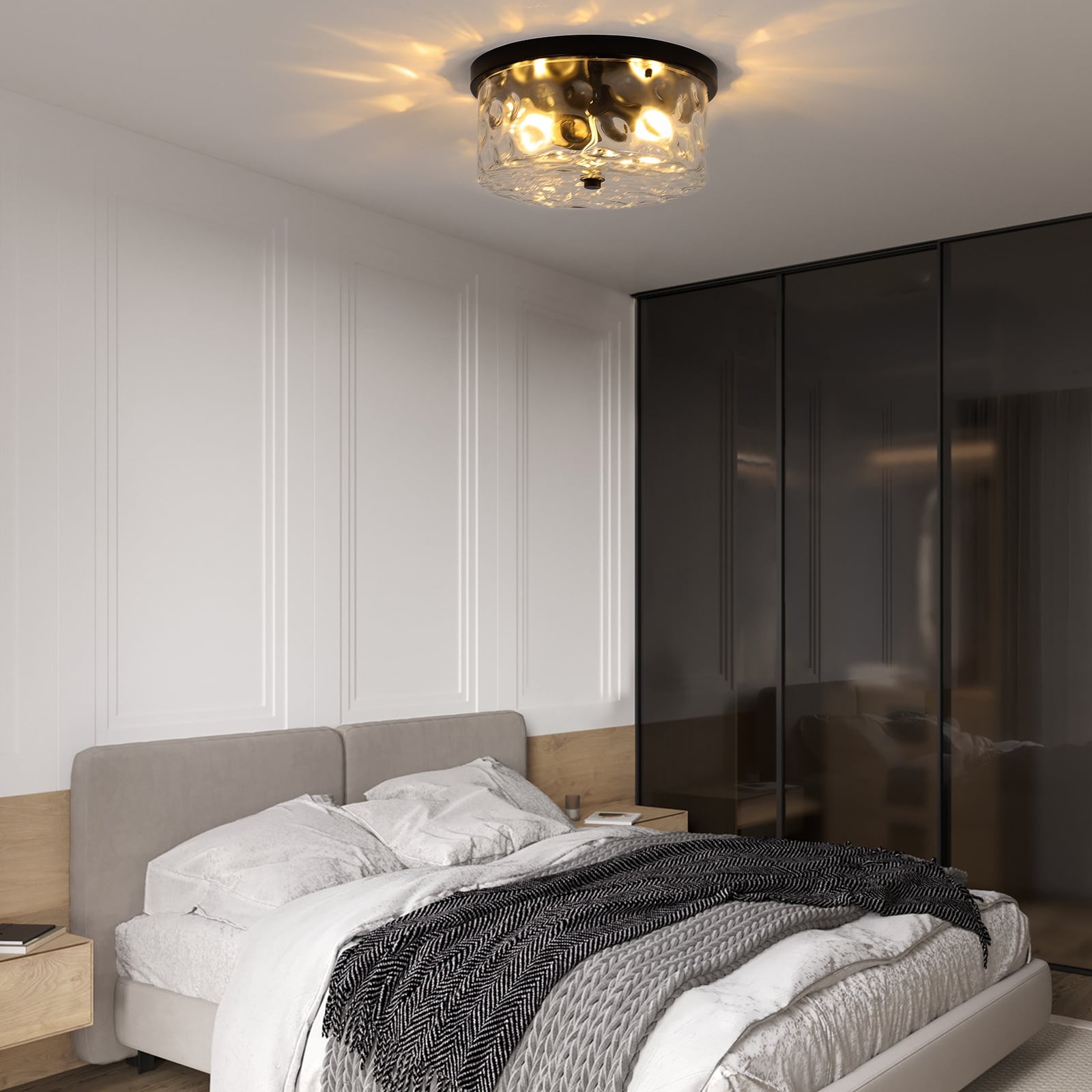 2-Light Flush Mount Ceiling Light with Clear Hammered Glass