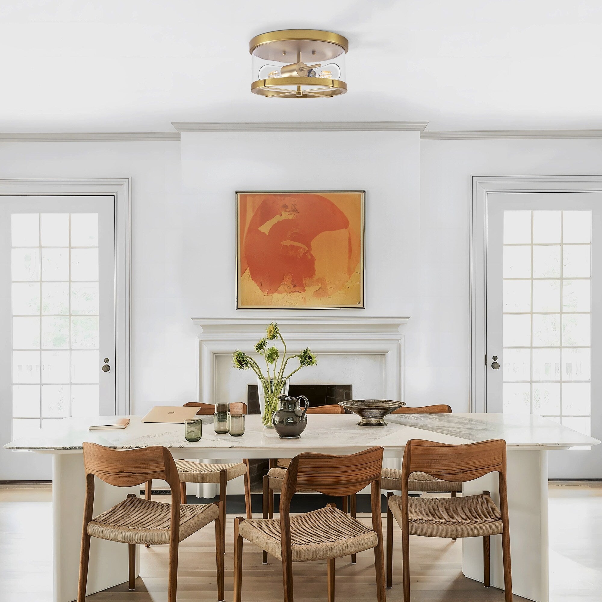 2-Light Flush Mount Clear Glass Ceiling Light with Metal Frame