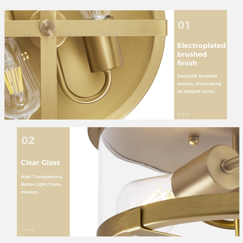 2-Light Flush Mount Clear Glass Ceiling Light with Metal Frame