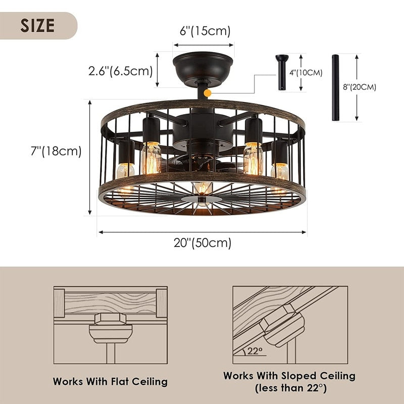 20 in. Low Profile Ceiling Fan Light Modern Farmhouse Wood Finish Caged Ceiling Fan with Light and Remote