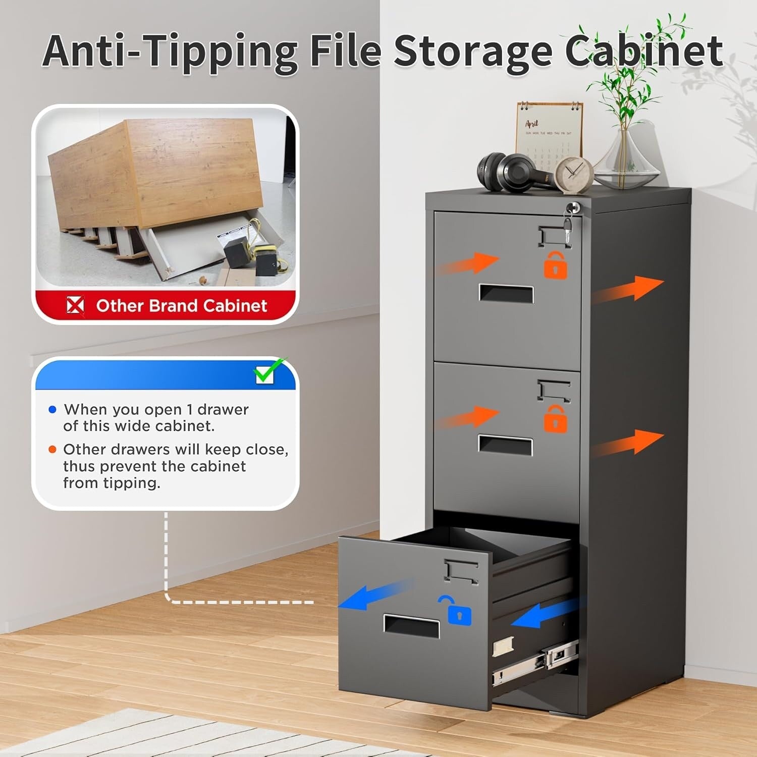 3 Drawer Metal Locking File Cabinet for Home Office, Rolling Cabinet Fully Assembled