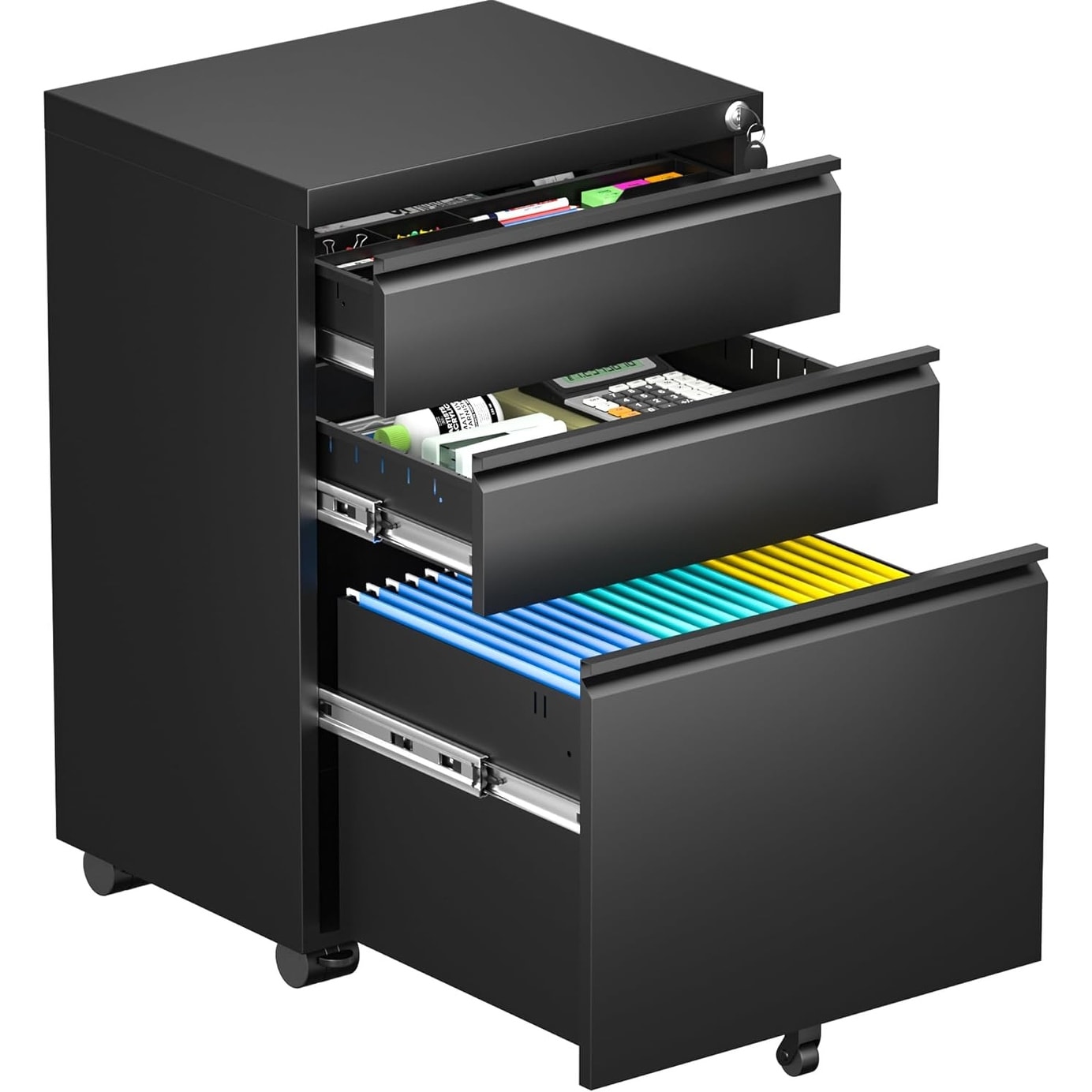 3 Drawer Metal Locking File Cabinet for Home Office, Rolling Cabinet Fully Assembled