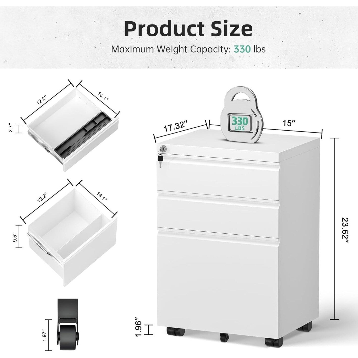 3 Drawer Metal Locking File Cabinet for Home Office, Rolling Cabinet Fully Assembled