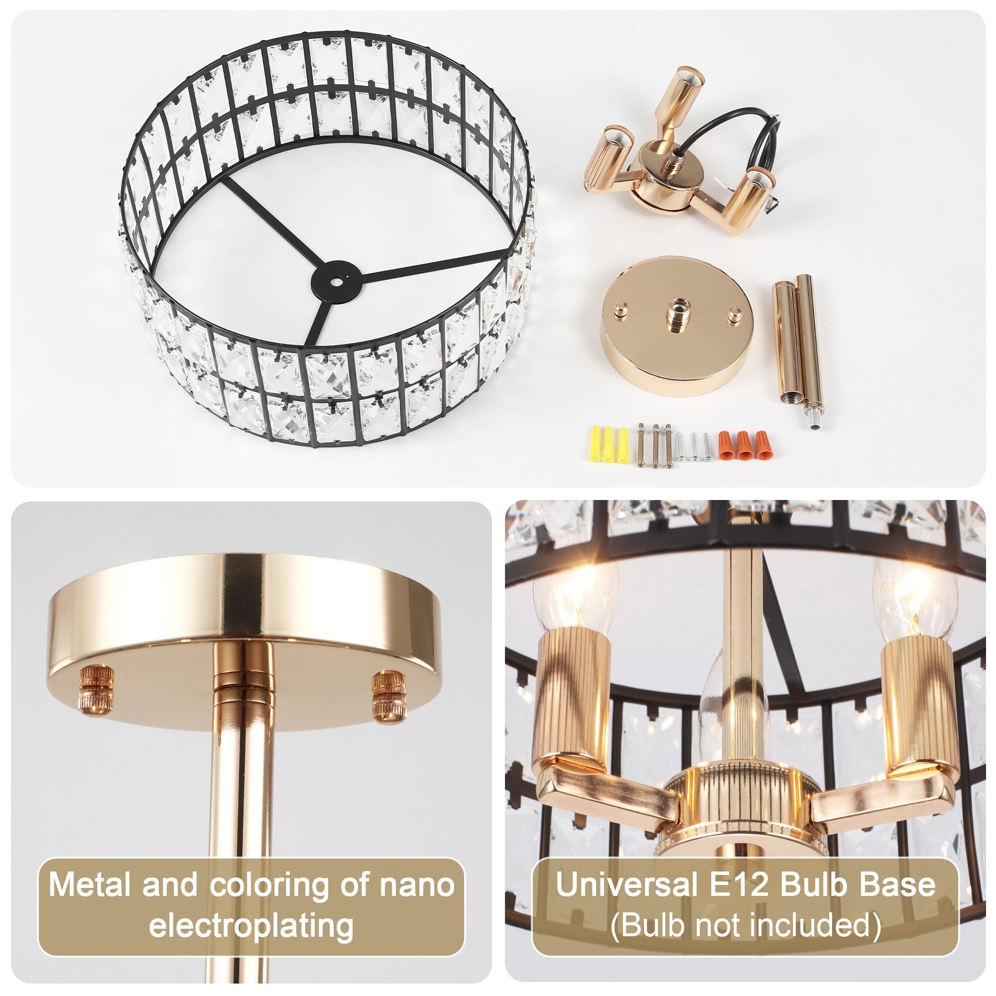 3-Light Crystal Semi Flush Mount Lights for Living Room Hallway