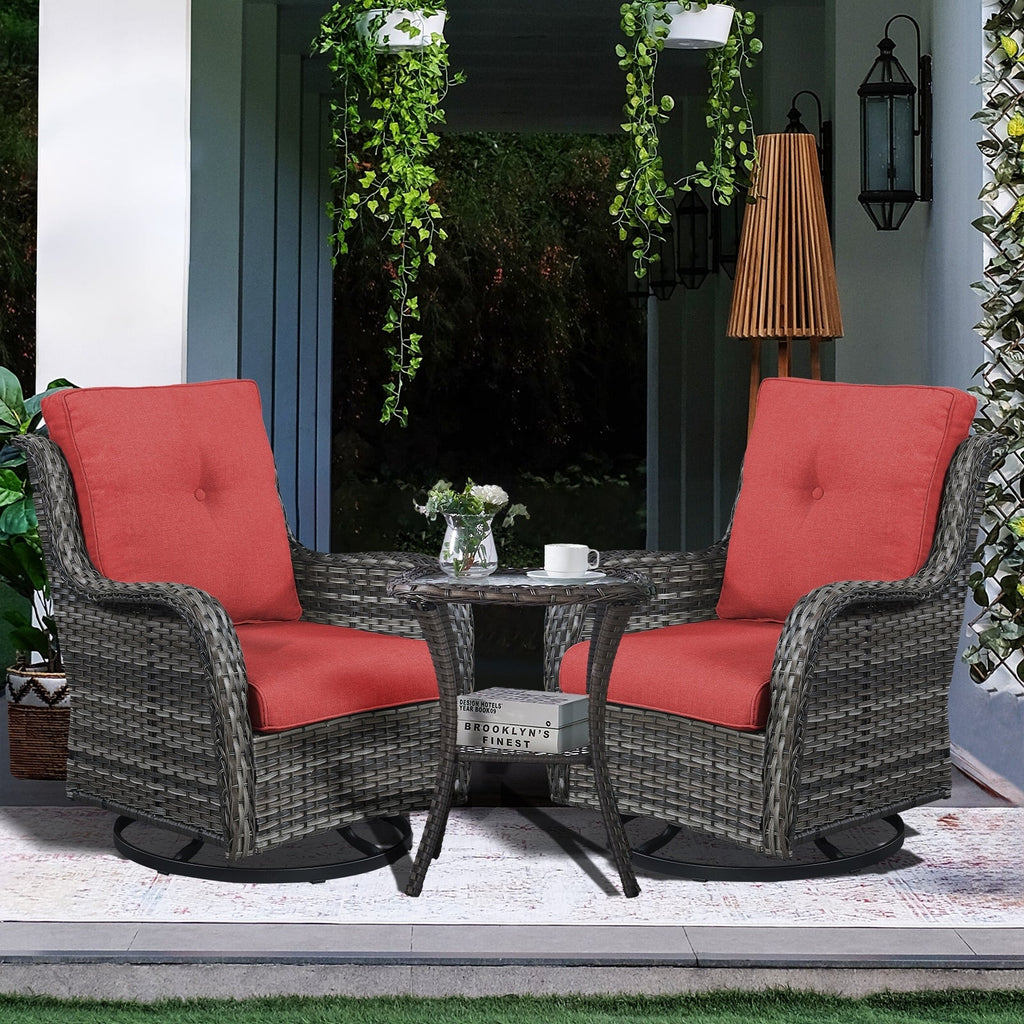 Gymojoy 3 Piece Outdoor Wicker Swivel Rocker with Cushion & Table
