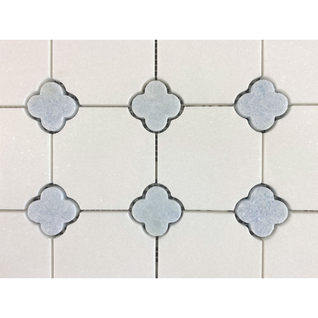 Thassos White with Blue Celeste Flower Pattern Marble Mosaic Tiles - Case (10 Sheets)