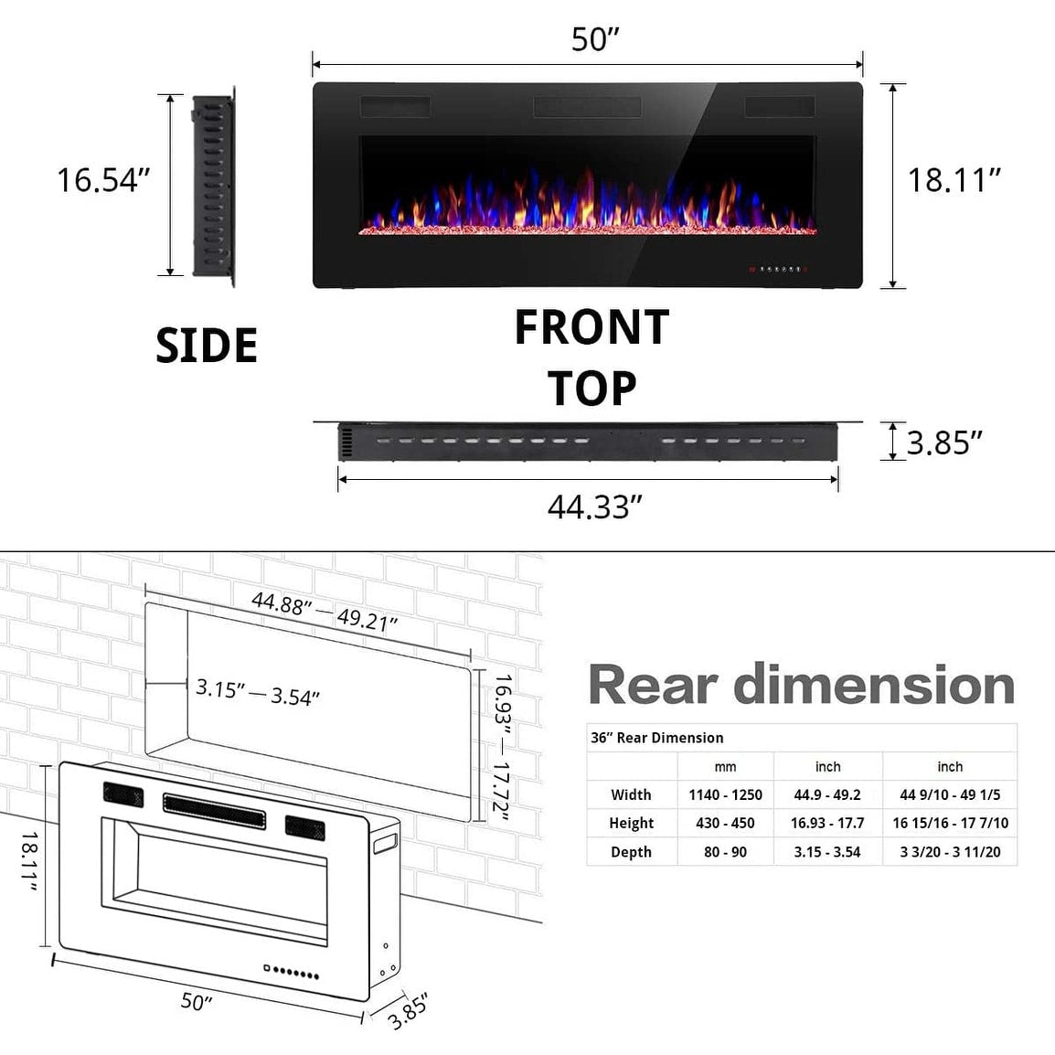 Electric Fireplace Heater Recessed Wall-mounted w/ RC (750-1500W)