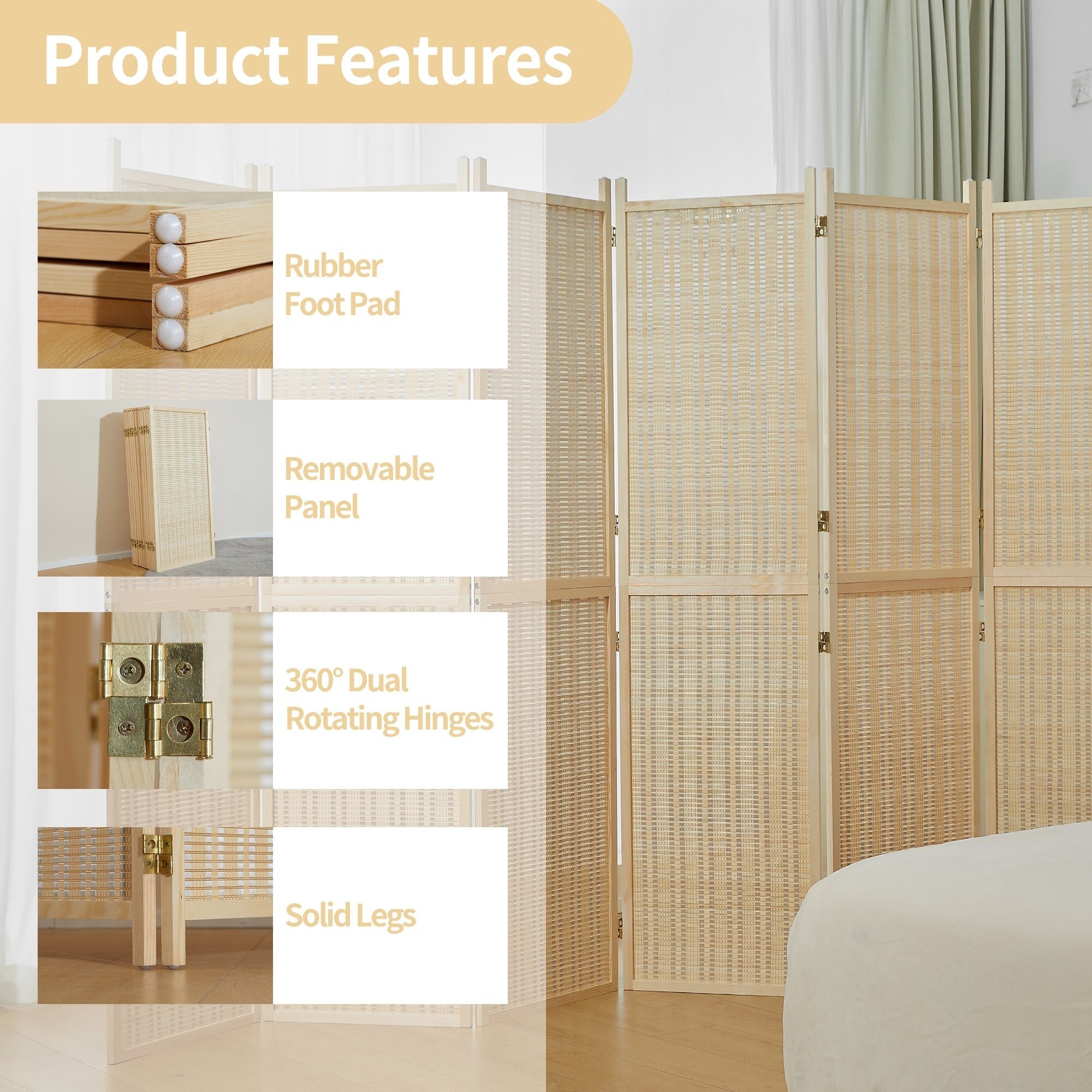 4/6 Panel Bamboo Room Divider 6 FT Detachable Wall Divider for Room Separation, Folding Privacy Screen