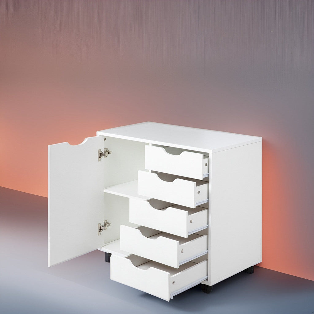 5-Drawer Wood Storage Dresser Cabinet with Wheels - Craft Organizer and Makeup Drawer Unit for Closet and Bedroom