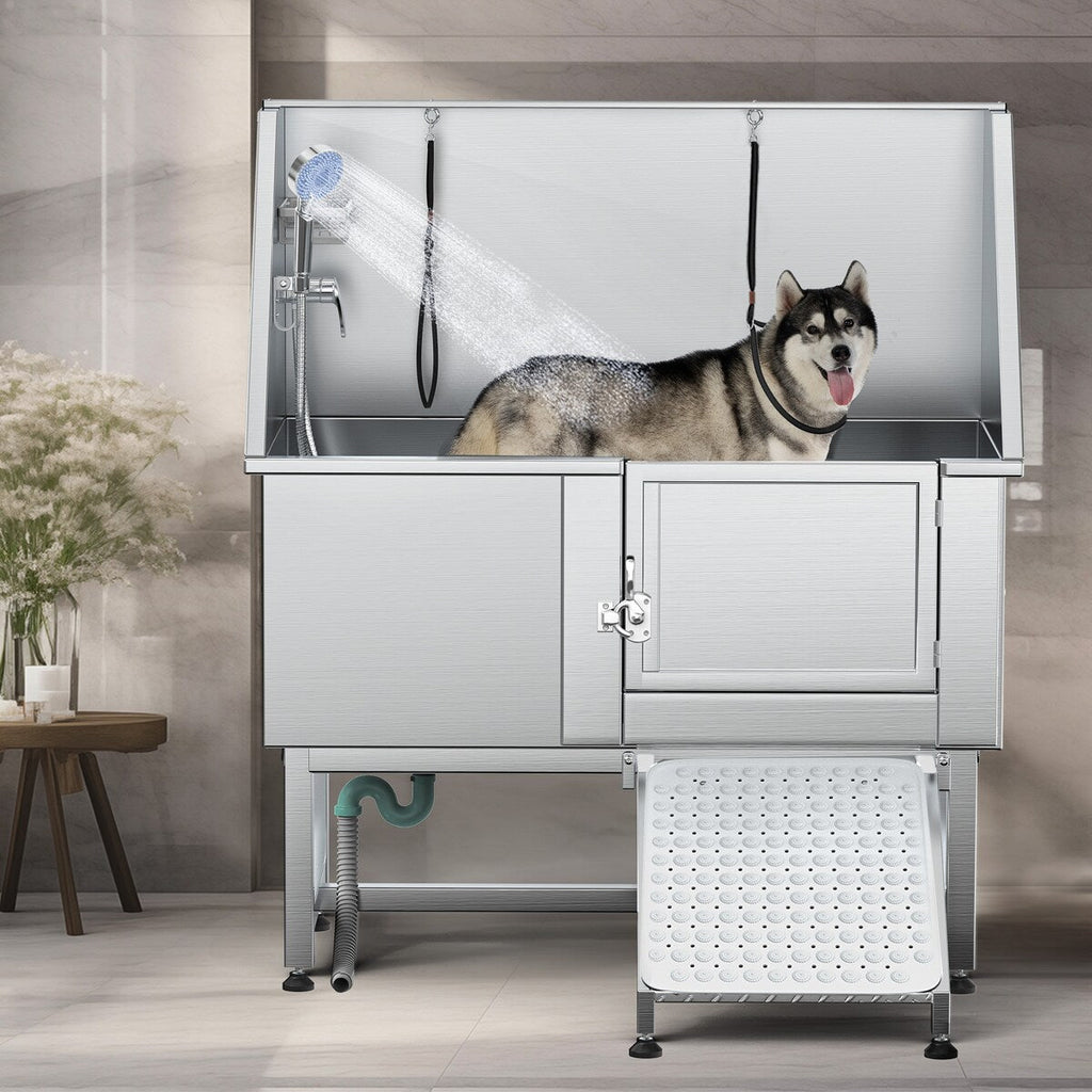 50'' W Stainless Steel Adjustable Pet Grooming Tub with Steps Ramp
