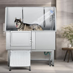 50'' W Stainless Steel Adjustable Pet Grooming Tub with Steps Ramp
