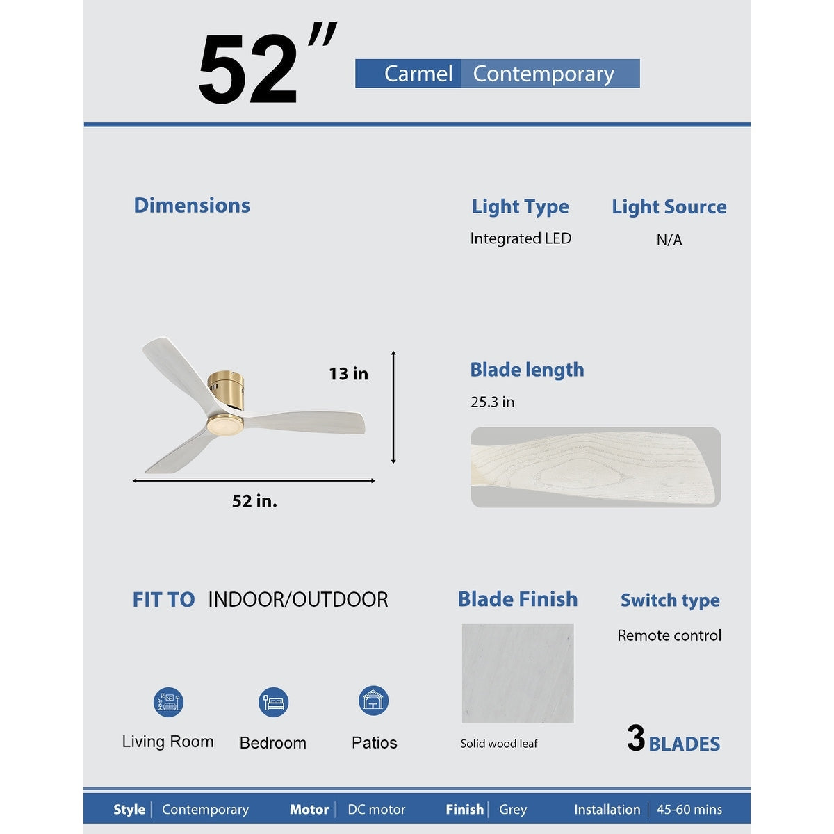 Sofucor 52 Inch Flush Mount Ceiling Fan with Remote, Reversible Motor,Integrated Light Optional