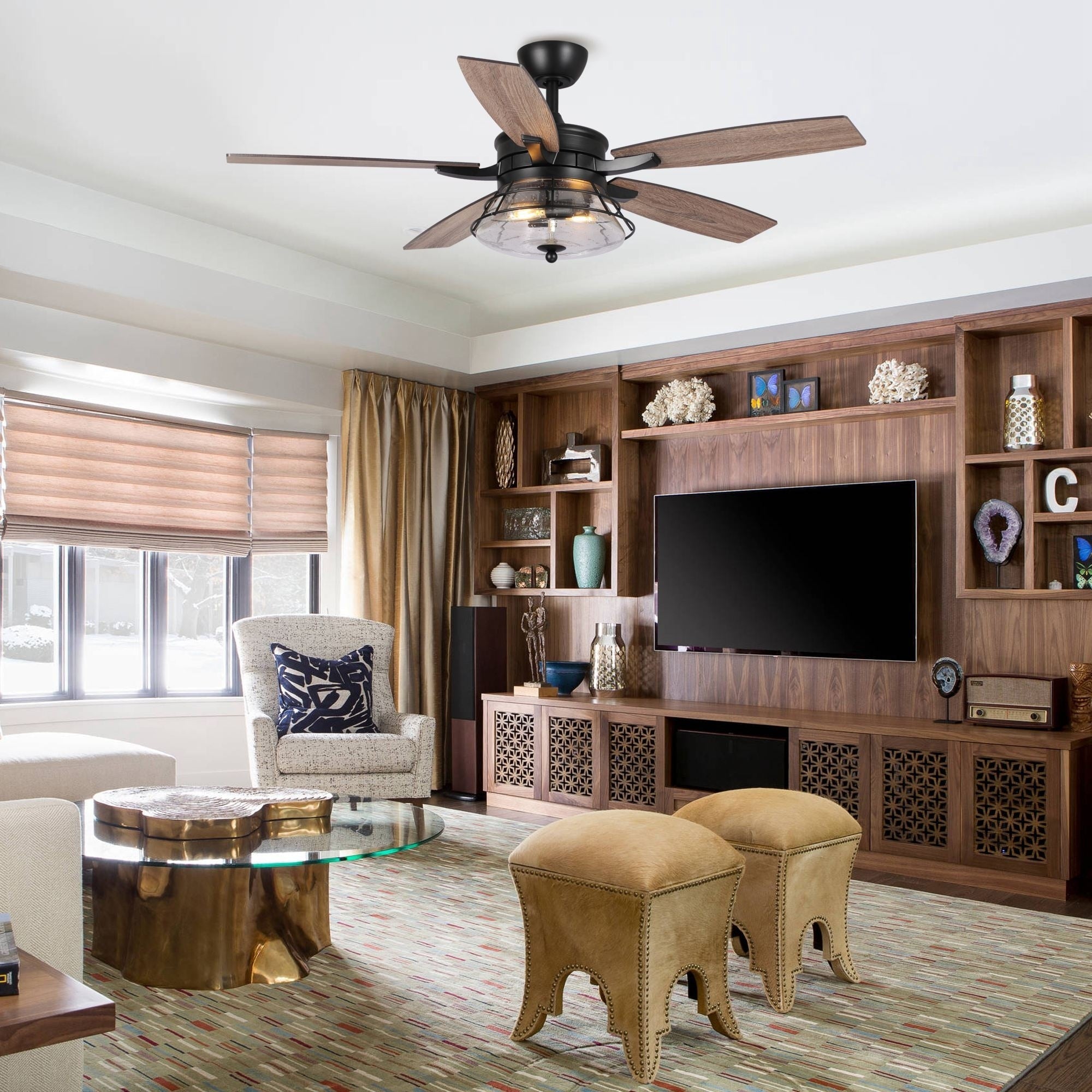 52 Industrial Seeded Glass Black Decorative Ceiling Fan with Remote and Light Kit