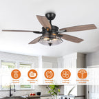 52 Industrial Seeded Glass Black Decorative Ceiling Fan with Remote and Light Kit