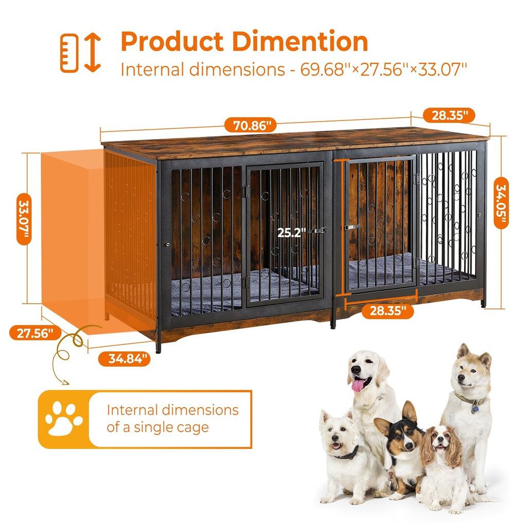 70.86'' Dog Crate Furniture Large Breed TV Stand with Cushion & Double Rooms (No Cushion)