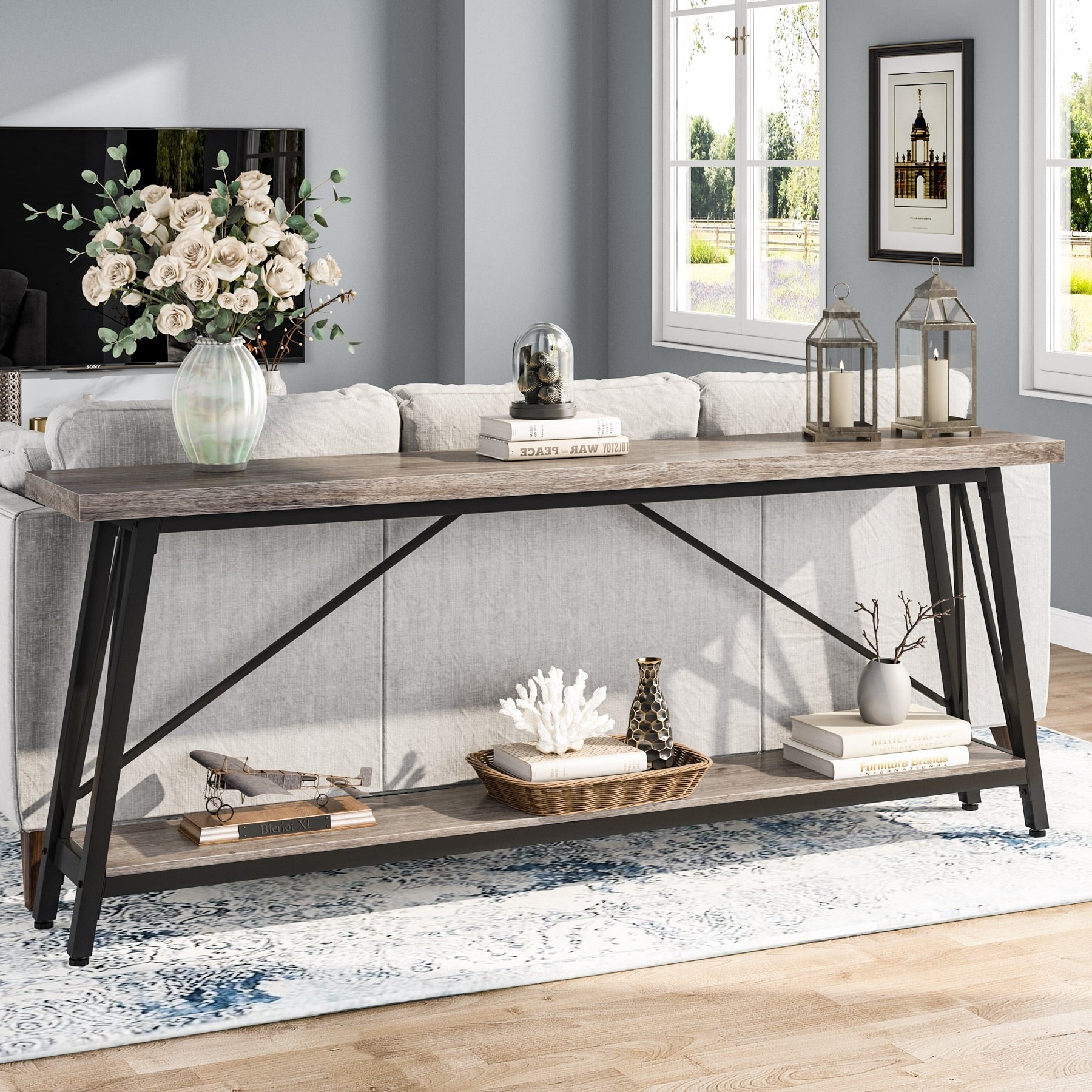 70.9 Inch Extra Long Sofa Table, Industrial Entry Console Table