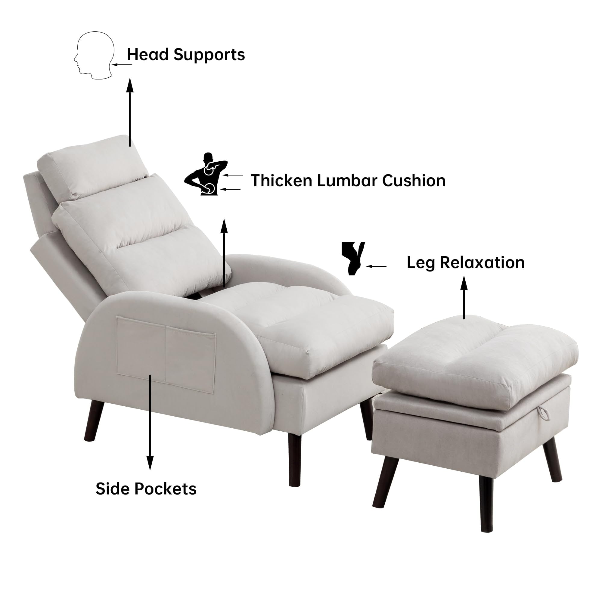 HOMYKA Accent Lounge Chair with Adjustable Backrest Storage Ottoman