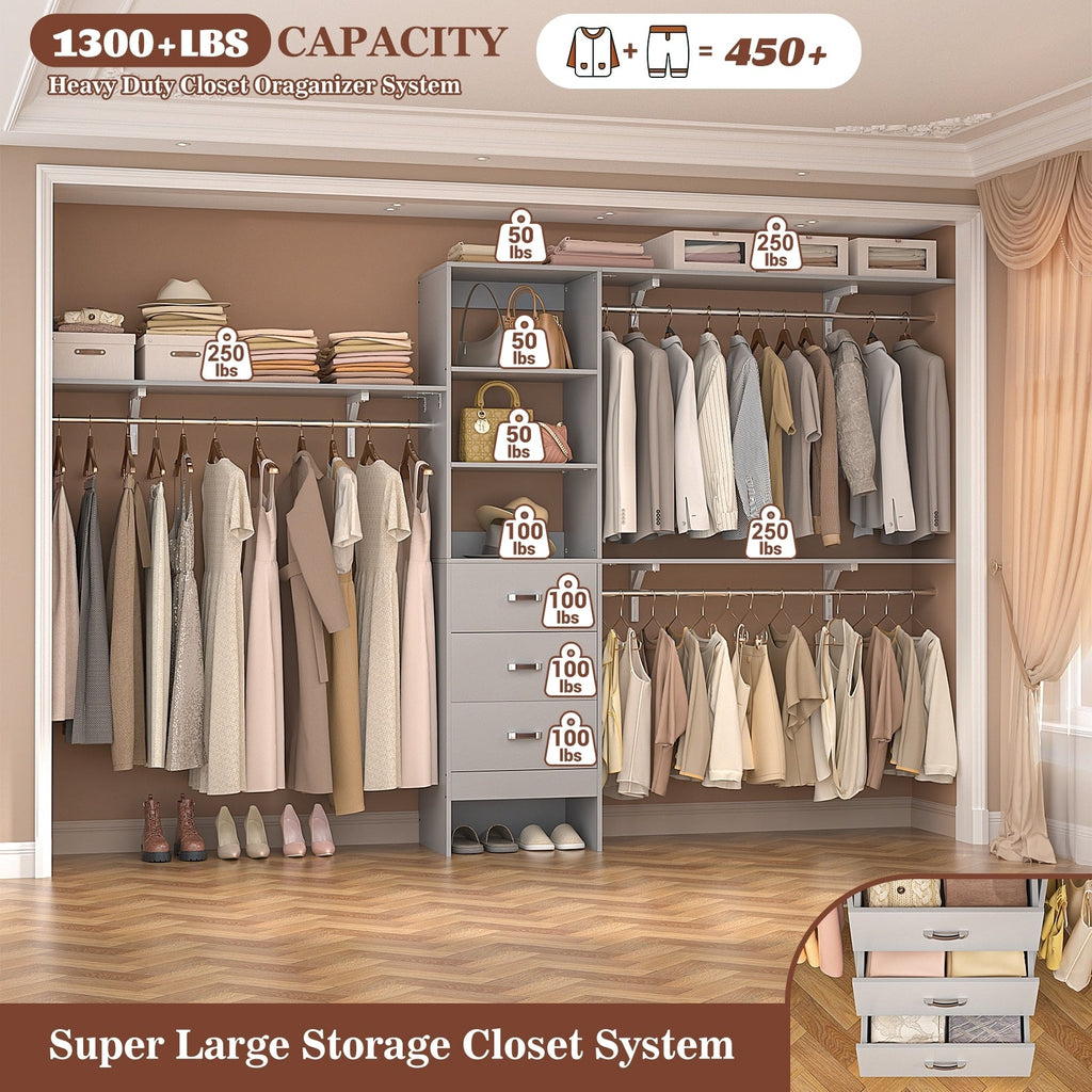 Rackcog 120'' Adjustable Closet Organizer with Drawers, Closet System with DIY Shelves for Reach-in and Walk-in Closet