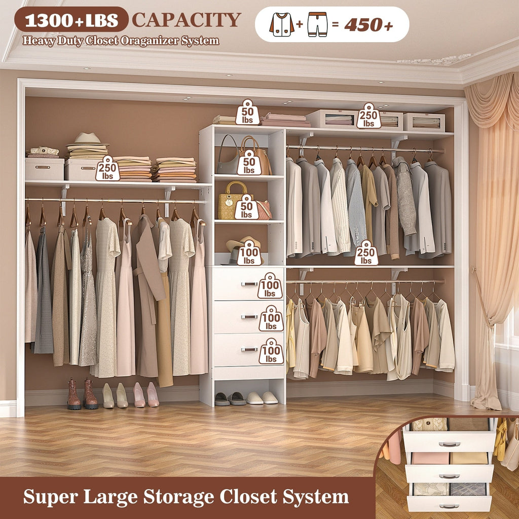 Rackcog 120'' Adjustable Closet Organizer with Drawers, Closet System with DIY Shelves for Reach-in and Walk-in Closet