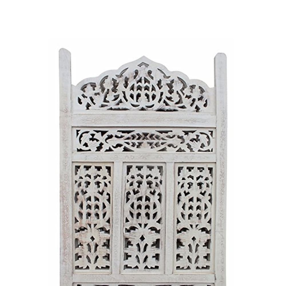 Aesthetically Carved 4 Panel Wooden Partition Screen/Room Divider, Distressed White
