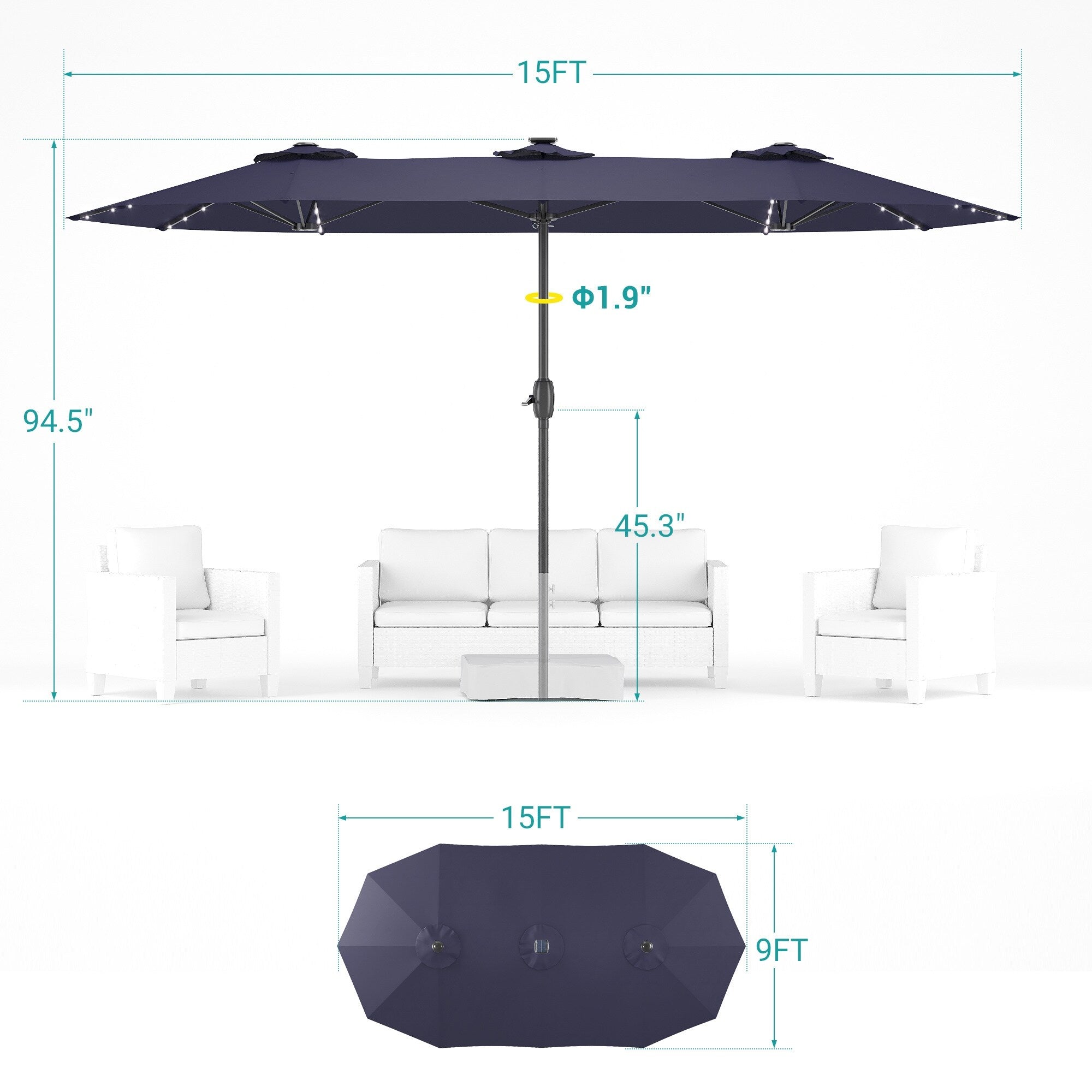 BONOSUKI 15x9ft LED Double-Sided Patio Umbrella Aluminum Large Canopy