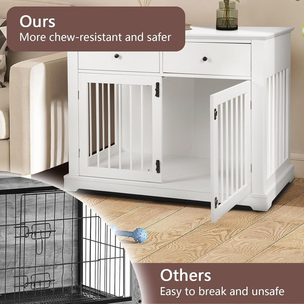 BOSSIN 44 Inch Large Dog Crate Furniture, Wooden Dog Kennel End Table with Storage Drawers, Decorative Pet Crates Dog House