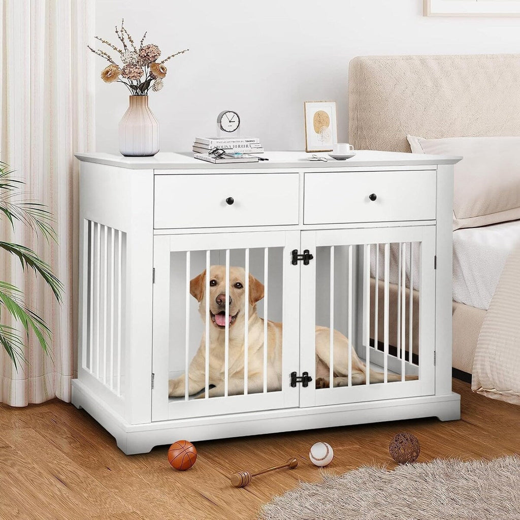 BOSSIN 44 Inch Large Dog Crate Furniture, Wooden Dog Kennel End Table with Storage Drawers, Decorative Pet Crates Dog House