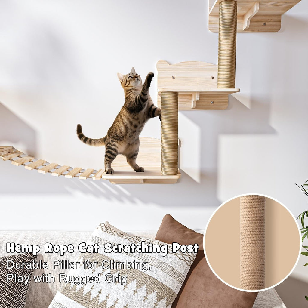 BOSSIN 9/16/18-Piece Pine Cat Wall Climbing System - Wall-Mounted Shelves Set with Cat Bed, Scratching Post & Tunnel
