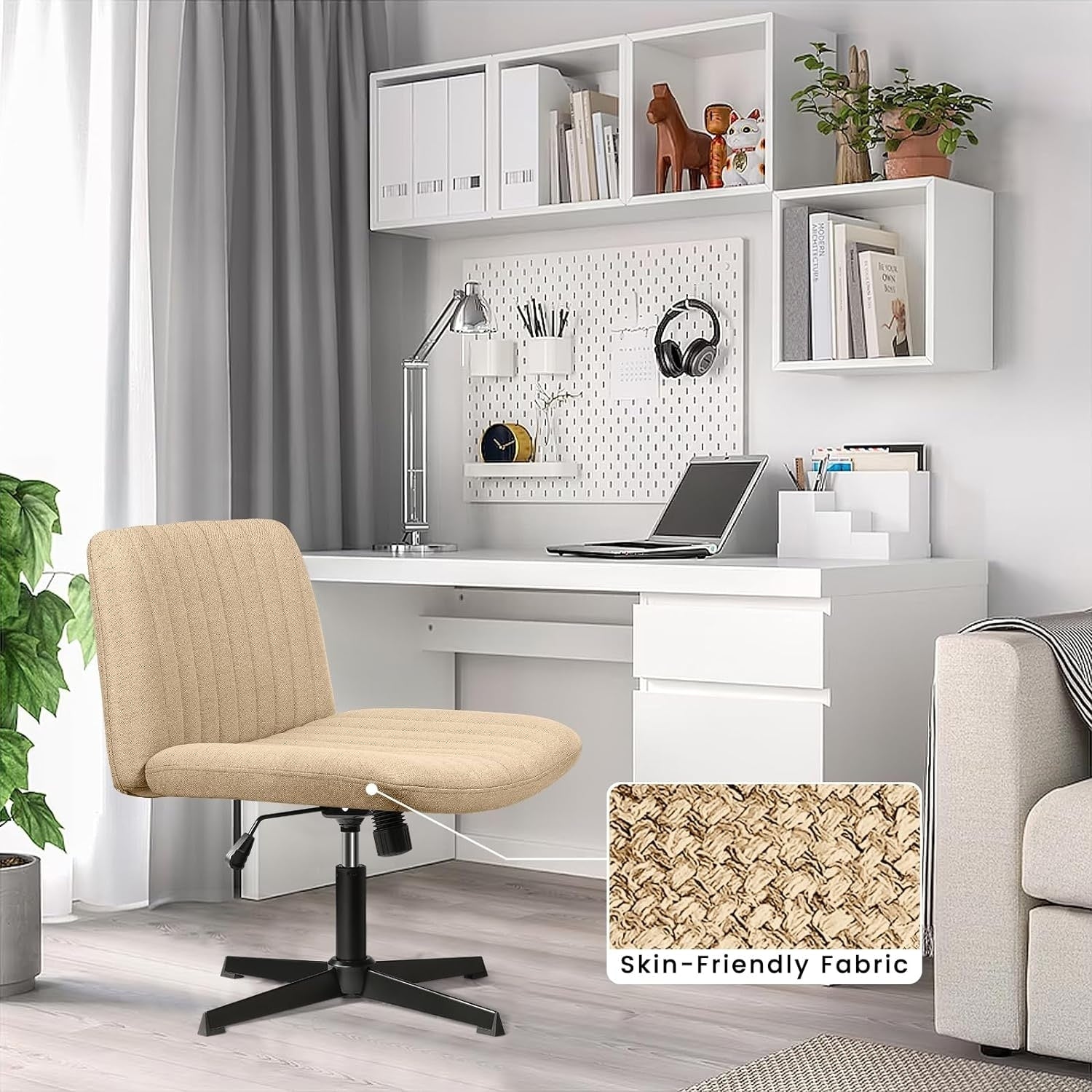 BOSSIN Criss Cross Chair Armless Office Desk Chair No Wheels,Fabric Padded Modern Swivel Vanity Chair office chair