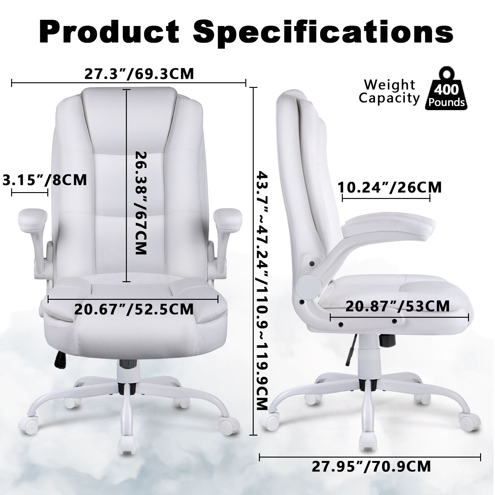 BOSSIN Big and Tall Office Chair Ergonomic High Back Computer Adjustable Height Leather Executive Chair with Padded Flip-up Arms