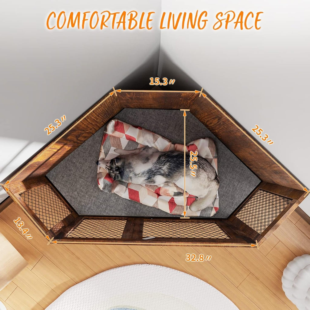 BOSSIN Corner Dog Crate Furniture,44/52 inch Wooden Dog Kennel Furniture with Mesh,Decorative Wood Dog House for Indoor use