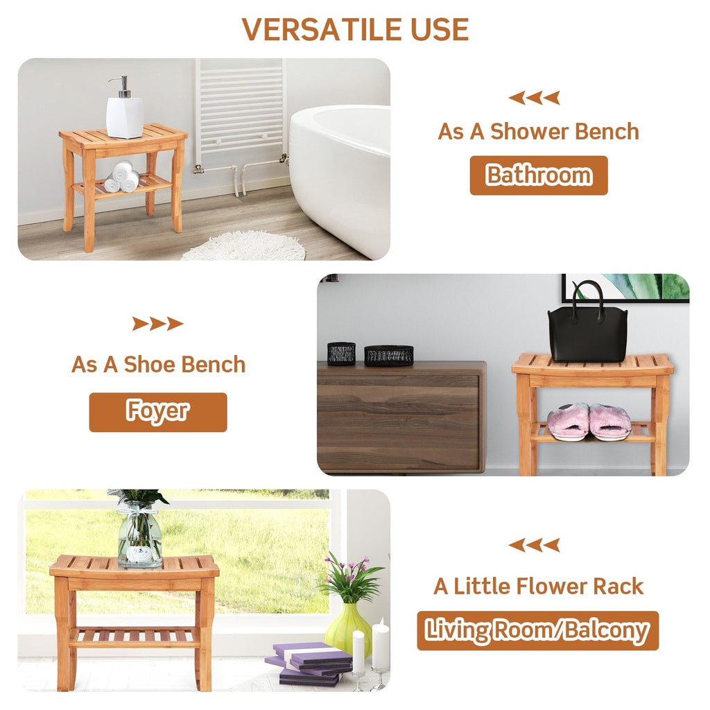 Bamboo Shower Bench Seat Bathroom Spa Chair Seat with Storage Shelf - Natural