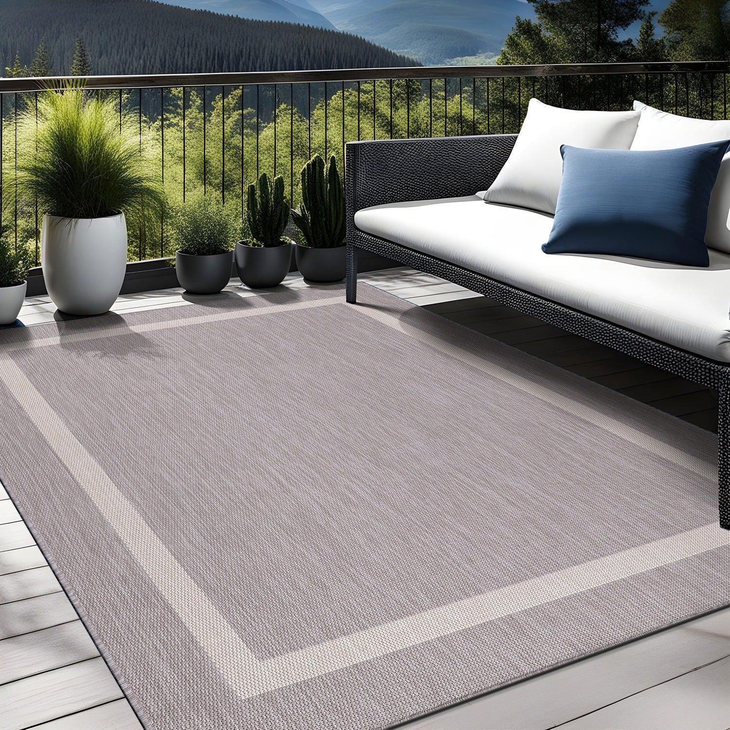 Beverly Rug Modern Bordered Indoor Outdoor Rug, Outside Carpet for Patio, Deck, Porch